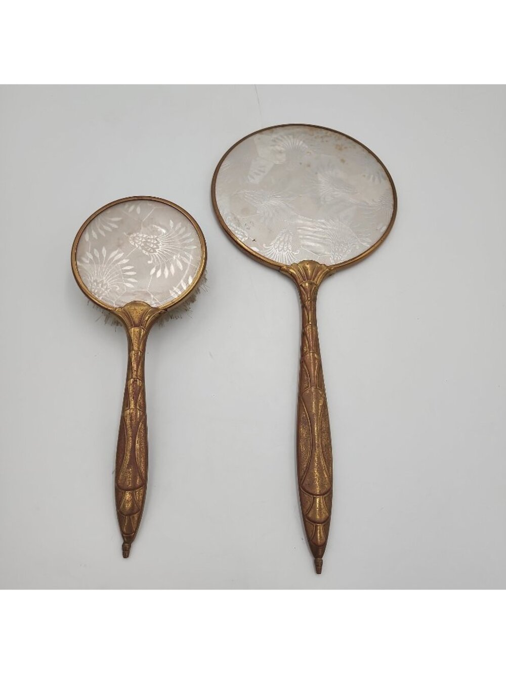1920's Antique Brass With Enameled Guilloche Vanity Mirror and Brush Set
